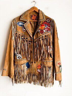 Vintage Light Beige Fringe Suede Jacket with Patches S